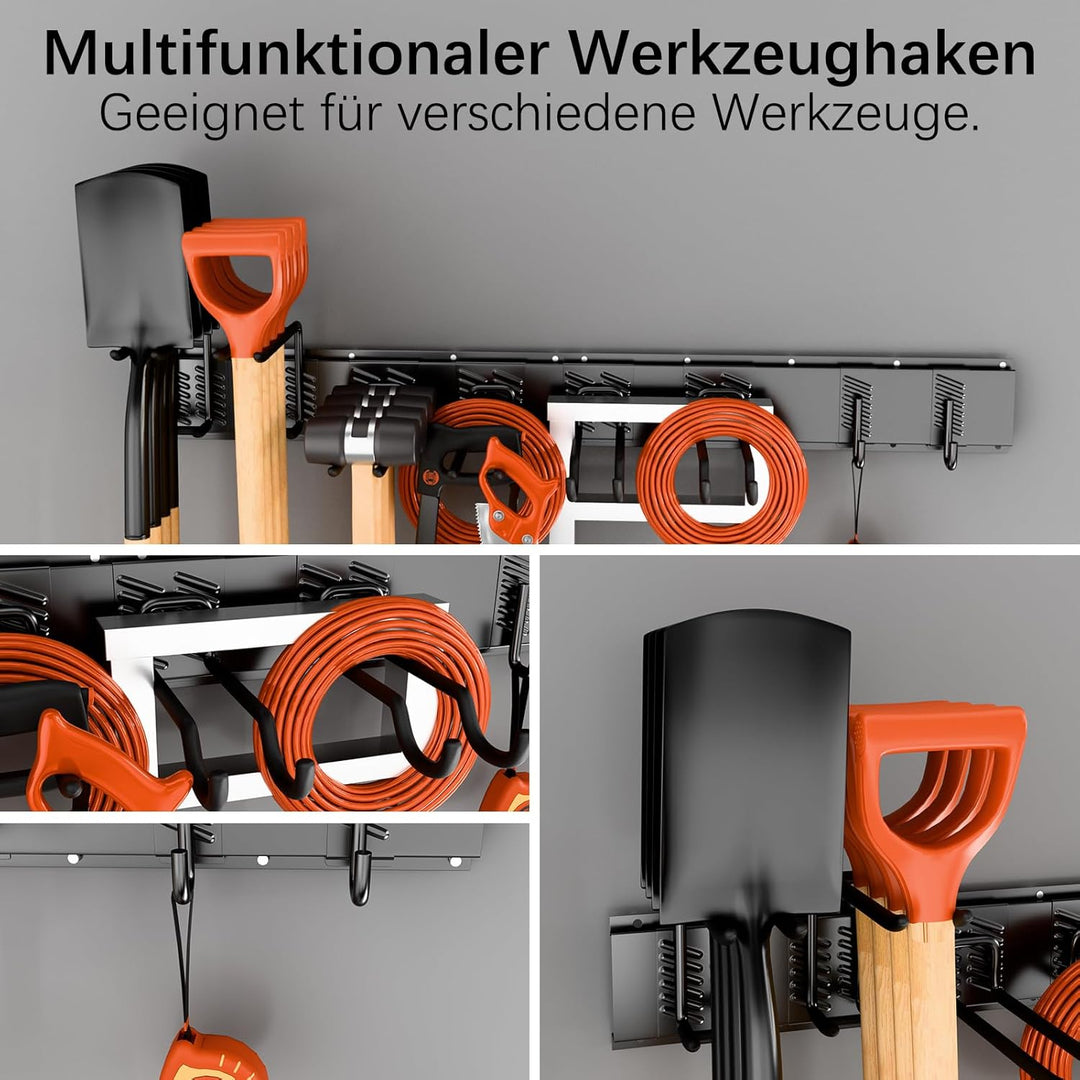 Verstellbares Gartengerätehalter 120 cm, Wandhalterung Gartengeräte - mit 3 Schienen& 8 Haken, Aufbe