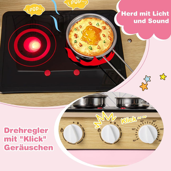 COSTWAY Kinderküche mit Zubehör, Spielküche Holz mit Mikrowelle Herd Spüle Ofen, Kinder Küche mit Li