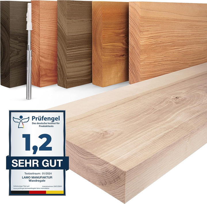 LAMO Manufaktur Wandregal Holz Gerade | Regal Farbe: Roh | Invisible: Schweberegal | 90 cm Invisible