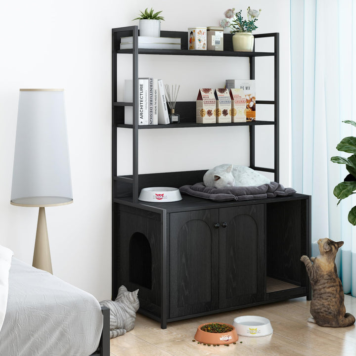 Katzenschrank mit Bücherregal, Kratzbaum mit Katzenklo-Schrank, Katzenklo Schrank mit 3 Ebenen &amp; Ein