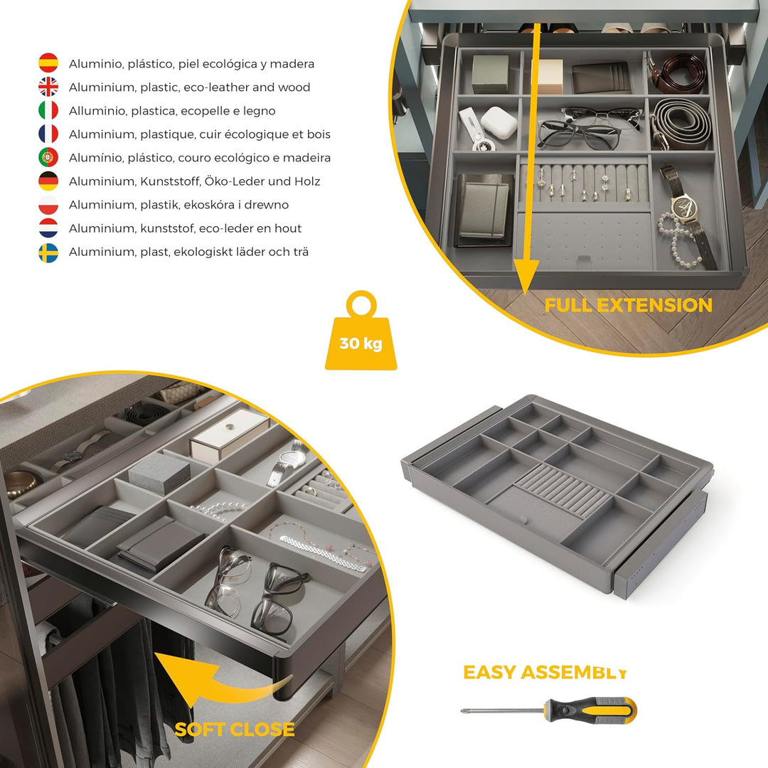 Emuca - Satz Organisationsschublade und ahmen für Schrank Quartz, mit Softclose-Vollauszug, Modul 70