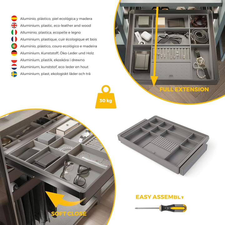 Emuca - Satz Organisationsschublade und ahmen für Schrank Quartz, mit Softclose-Vollauszug, Modul 70