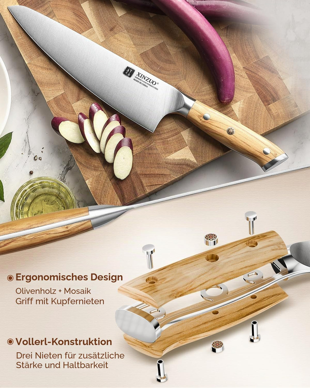 XINZUO Edelstahl 21cm Kochmesser -Profi Geschmiedet Scharf Chefmesser Deutschem 1.4116 Edelstahl Küc