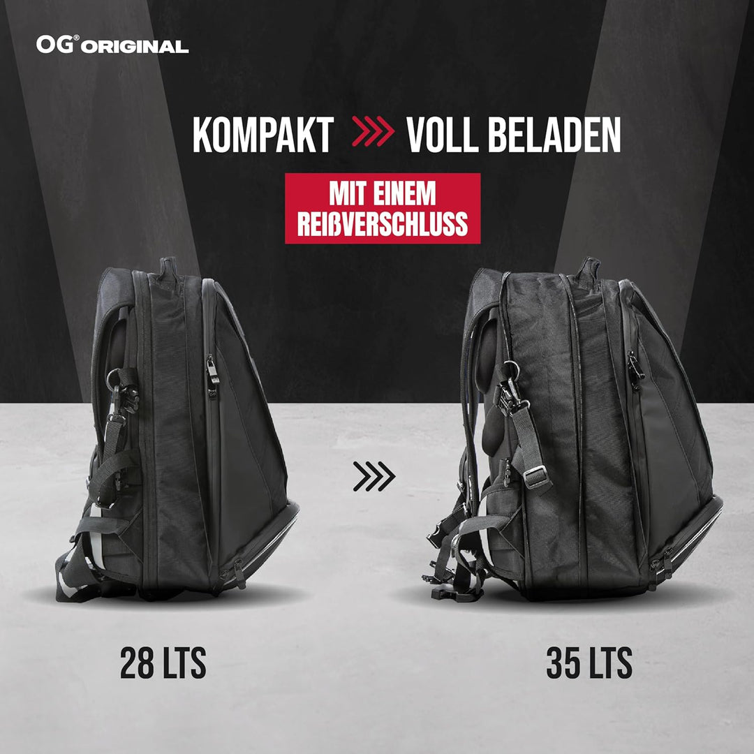 OG Original EZ-RiderPRO Motorrad Rucksack Schwarz Erweiterbar 28-35L, Motorradhelm-Tasche, Helm-Trag