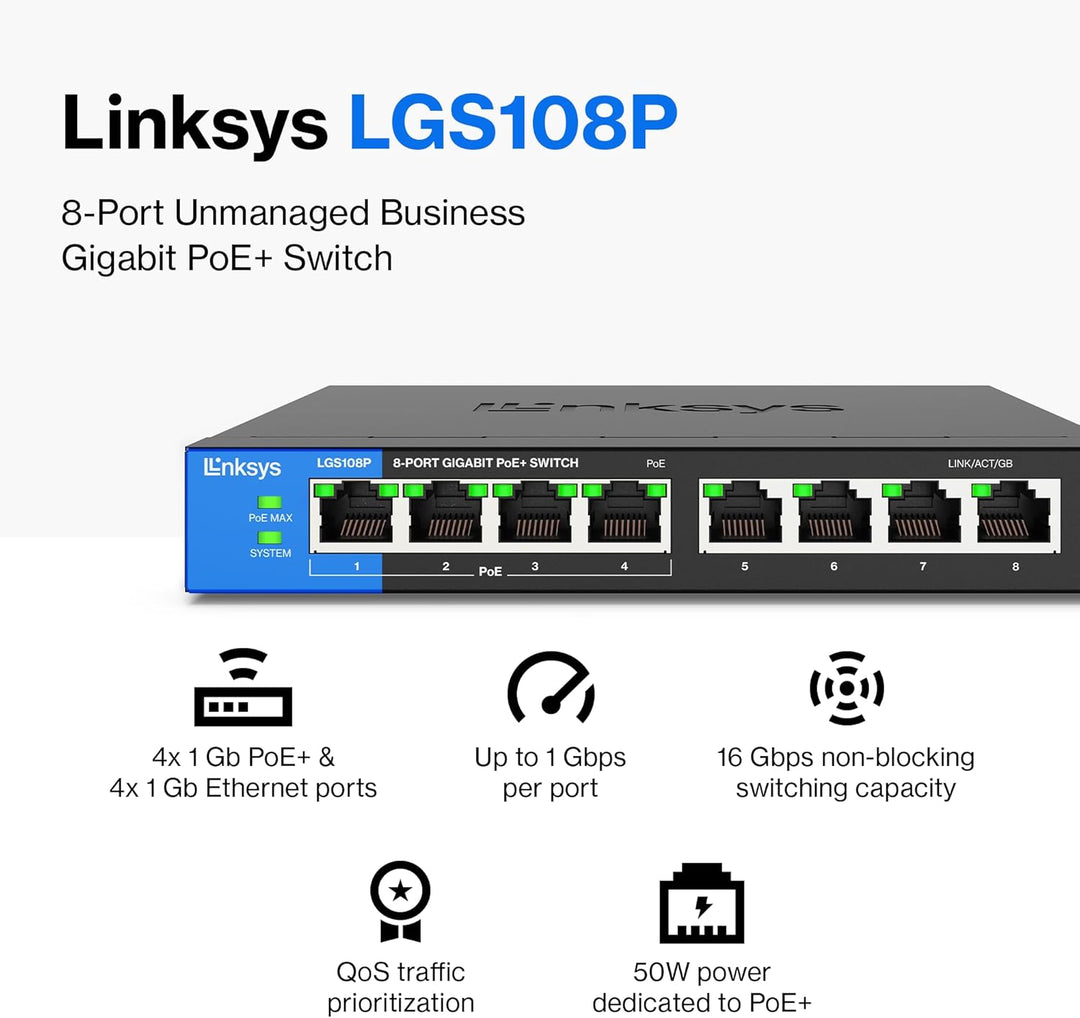 Linksys LGS108P-EU 8-Port Unmanaged Gigabit-Netzwerk-PoE-Switch mit 4 PoE+-Ports, Ethernet-Switch –
