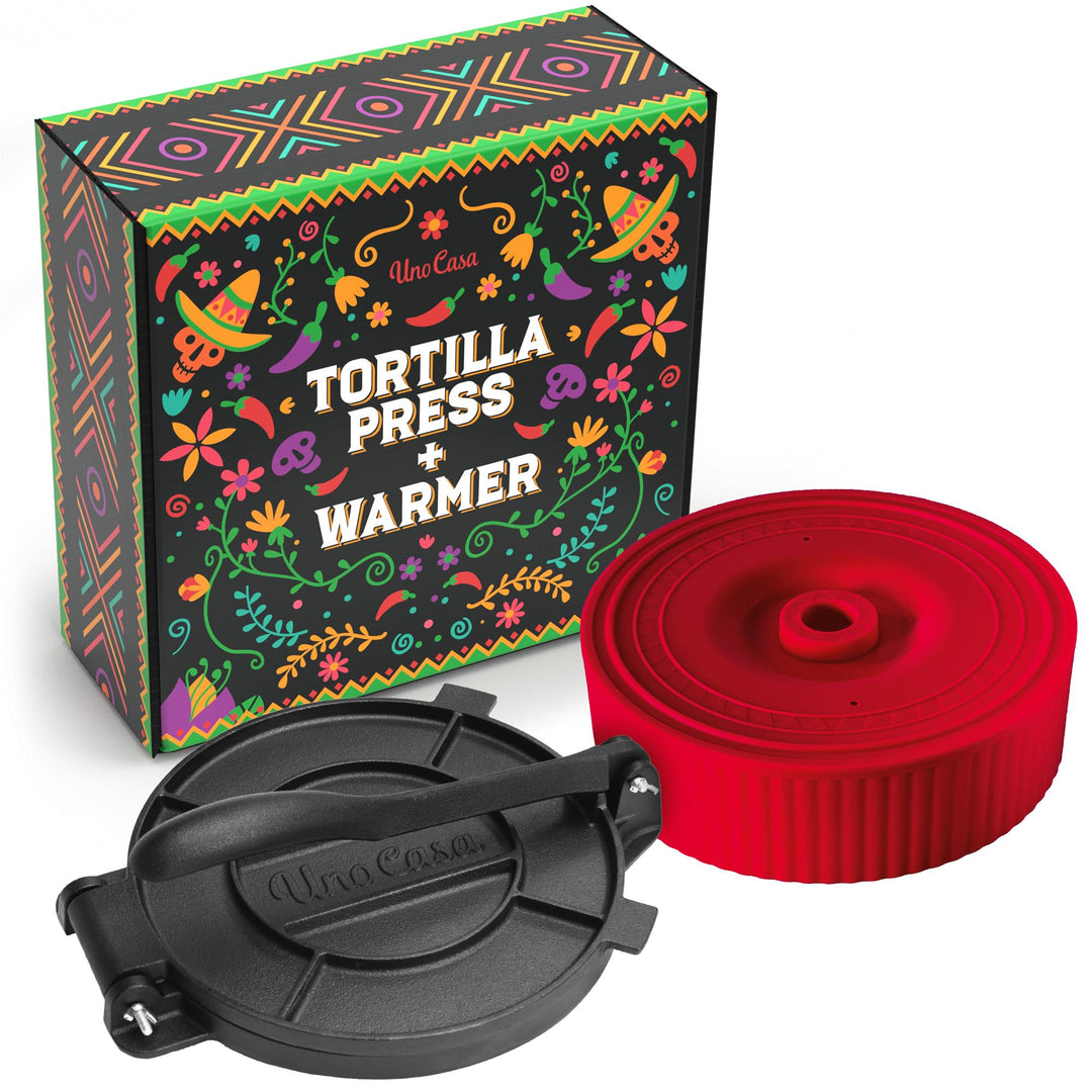 Uno Casa Tortilla-Presse aus Gusseisen, 20,3 cm, mit Tortilla-Wärmer – Set mit vorbehandeltem Quesad