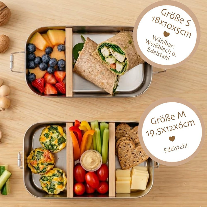 Manufaktur Liebevoll - Personalisierte Brotdose Pferd Pony m. Fächern, Edelstahl Lunchbox I Bambus D