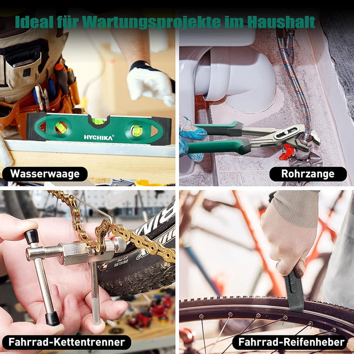 HYCHIKA DIY Werkzeugkoffer Gefüllt Profi, mit Akku Bohrschrauber 30Nm + 104-tlg Hochwertiges Haushal