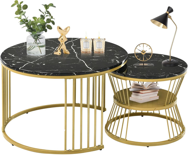 Merax Couchtisch Runder 2er Set, Moderne Nesting Kaffeetisch, Wohnzimmertisch, Sofatisch, Metallrahm
