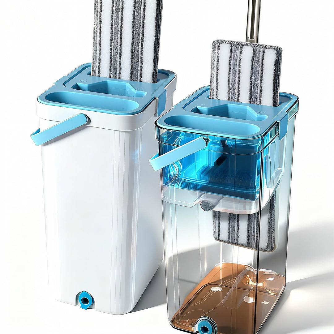 Wischmopp und Eimer Set mit Auswringer - Freihändiger Flacher Bodenwischer, 2 waschbare Mikrofaser P