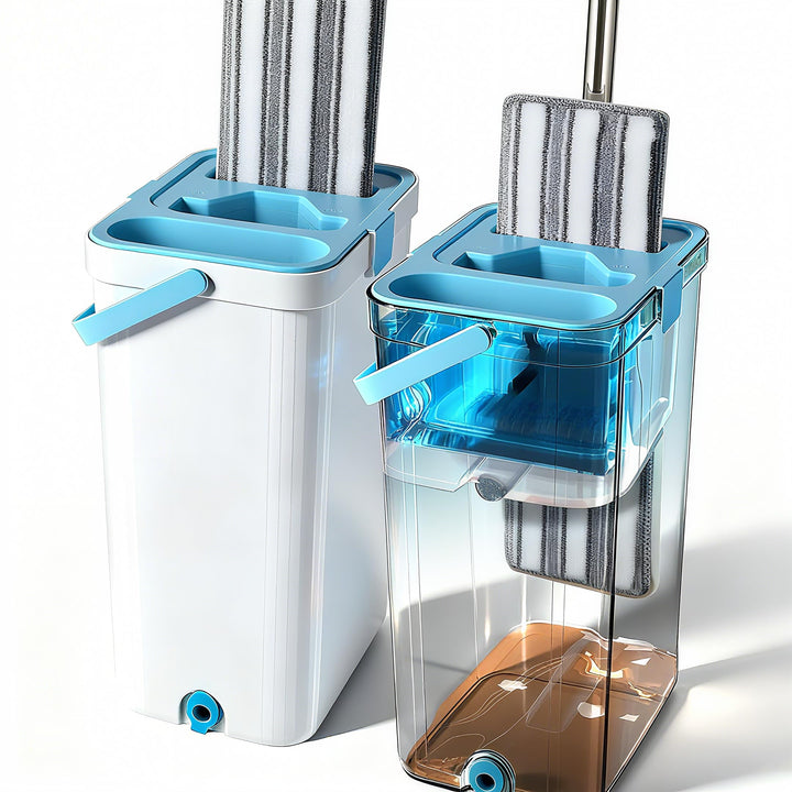 Wischmopp und Eimer Set mit Auswringer - Freihändiger Flacher Bodenwischer, 2 waschbare Mikrofaser P