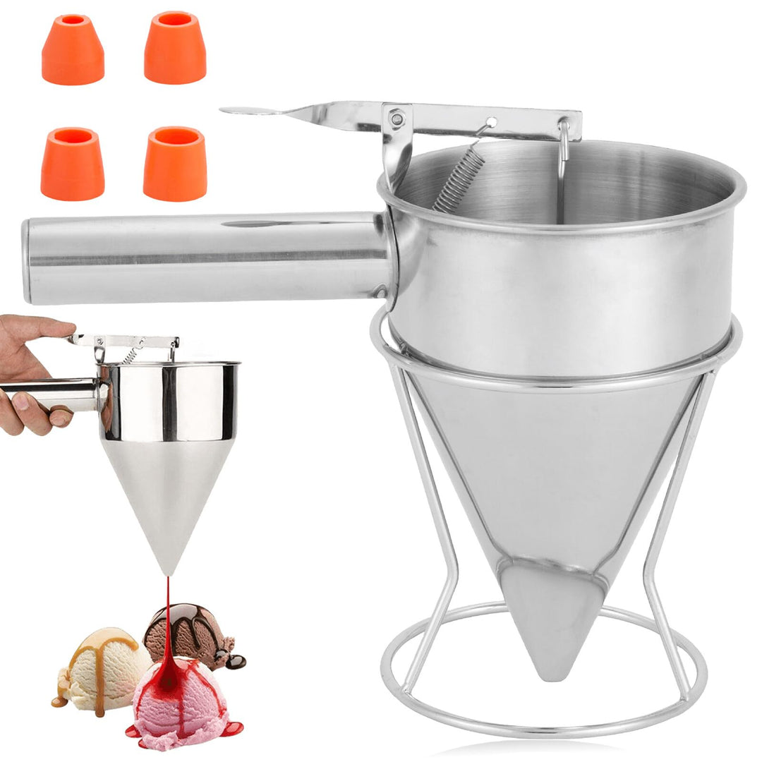 Pfannkuchen-Teigspender 1.2L Edelstahl Teigportionierer mit Ständer, Trichter-Kuchenspender mit 4 Tr