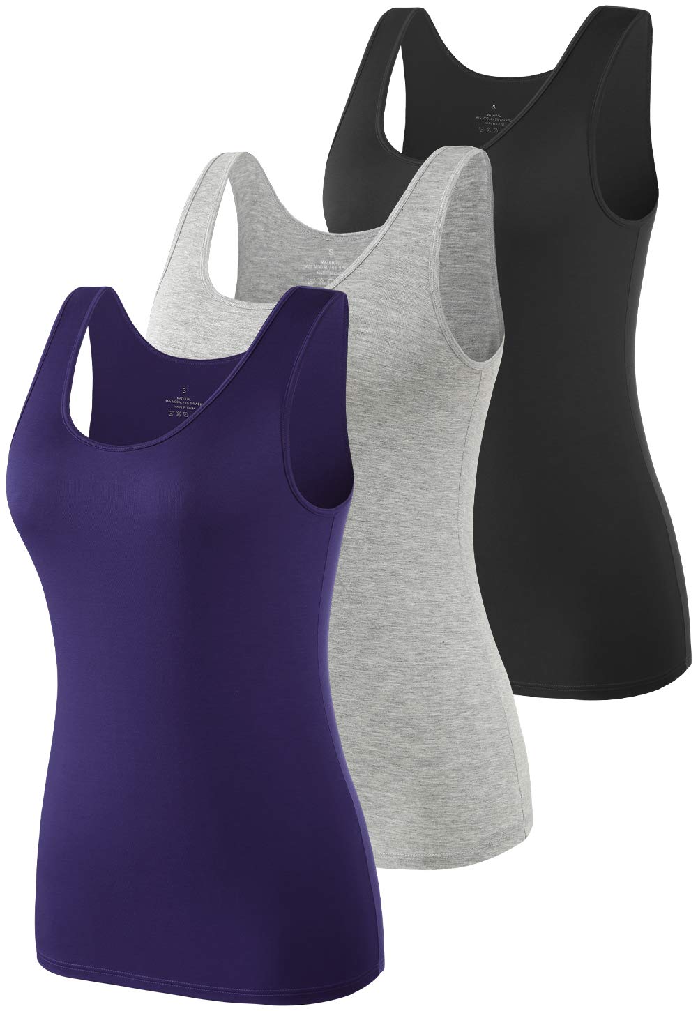 vislivin Elastische Tank Tops für Damen Unterhemden 3/4er Pack L 3er Pack - Schwarz/Grau/Dunkelblau,