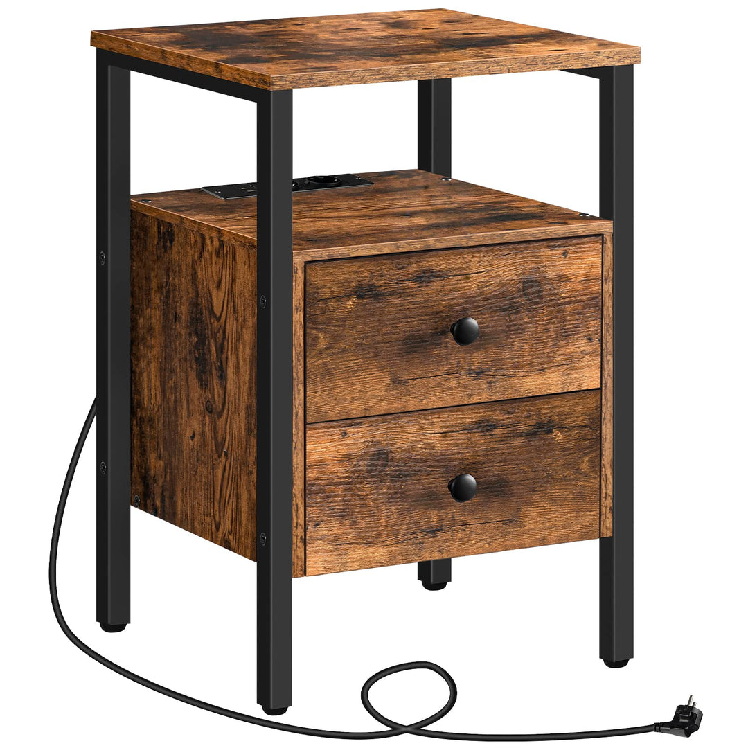 HOOBRO Nachttisch mit Ladestation, Beistelltisch, Sofatisch mit 2 Schubladen, Couchtisch mit USB-Ans