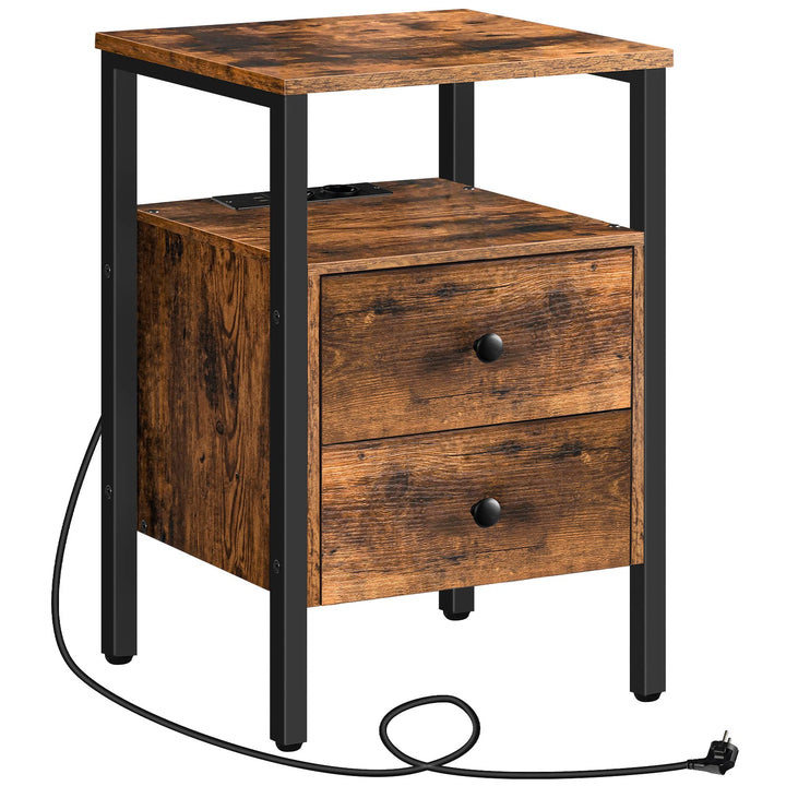 HOOBRO Nachttisch mit Ladestation, Beistelltisch, Sofatisch mit 2 Schubladen, Couchtisch mit USB-Ans