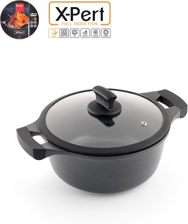 Metaltex XPERT - Deep Cast Aluminum Casserole 20 cm with Tempered Glass Lid Hoher Kochtopf 20 cm, Ho