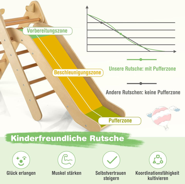 COSTWAY Kletterdreieck mit Rutsche, Klettergerüst aus Holz, Sprossendreieck zum Rutschen und Kletter