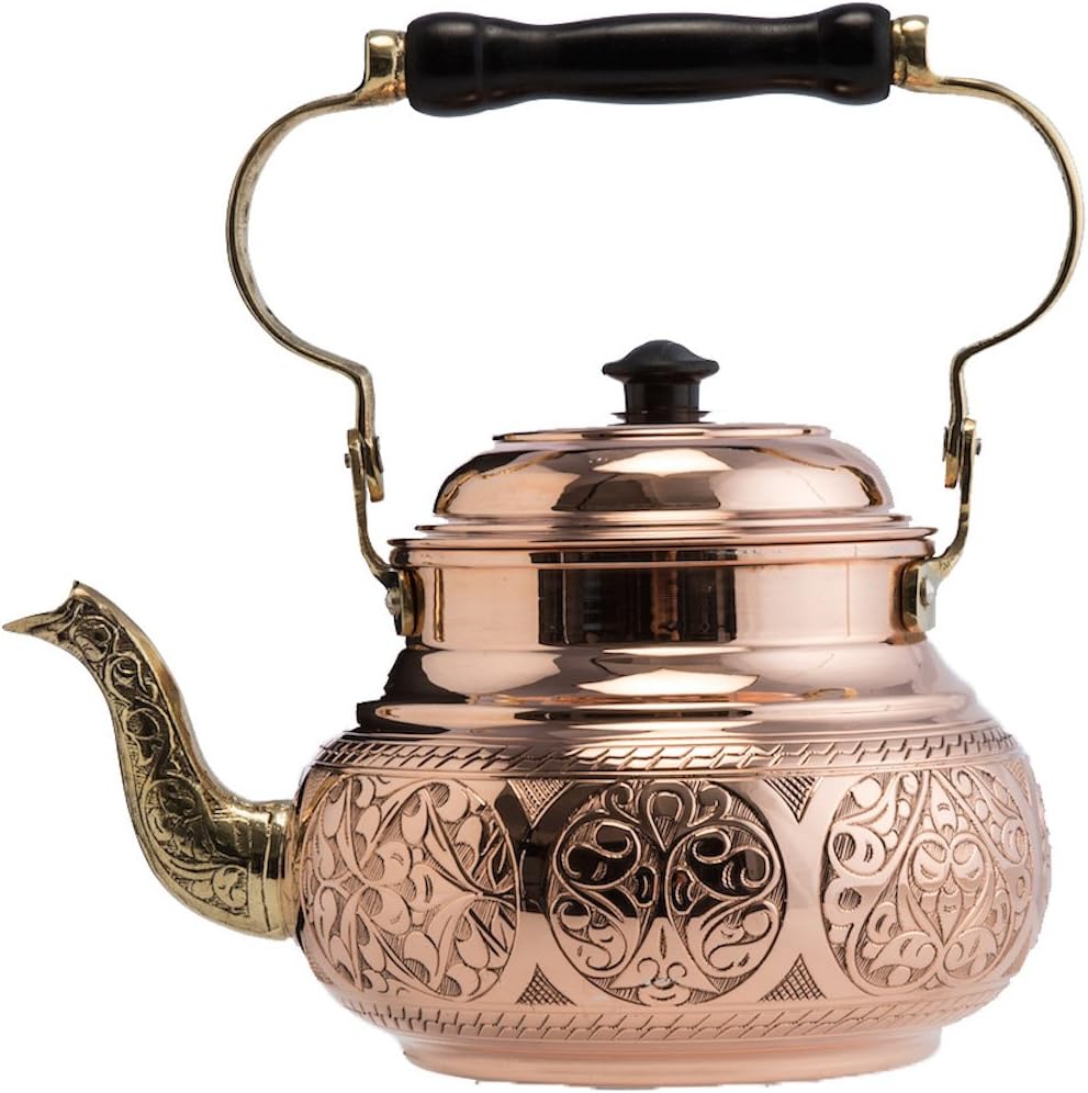 DEMMEX Teekanne mit Gravur, handgefertigt, 1 mm dick, unbeschichtetes Kupfer, 1,6 l