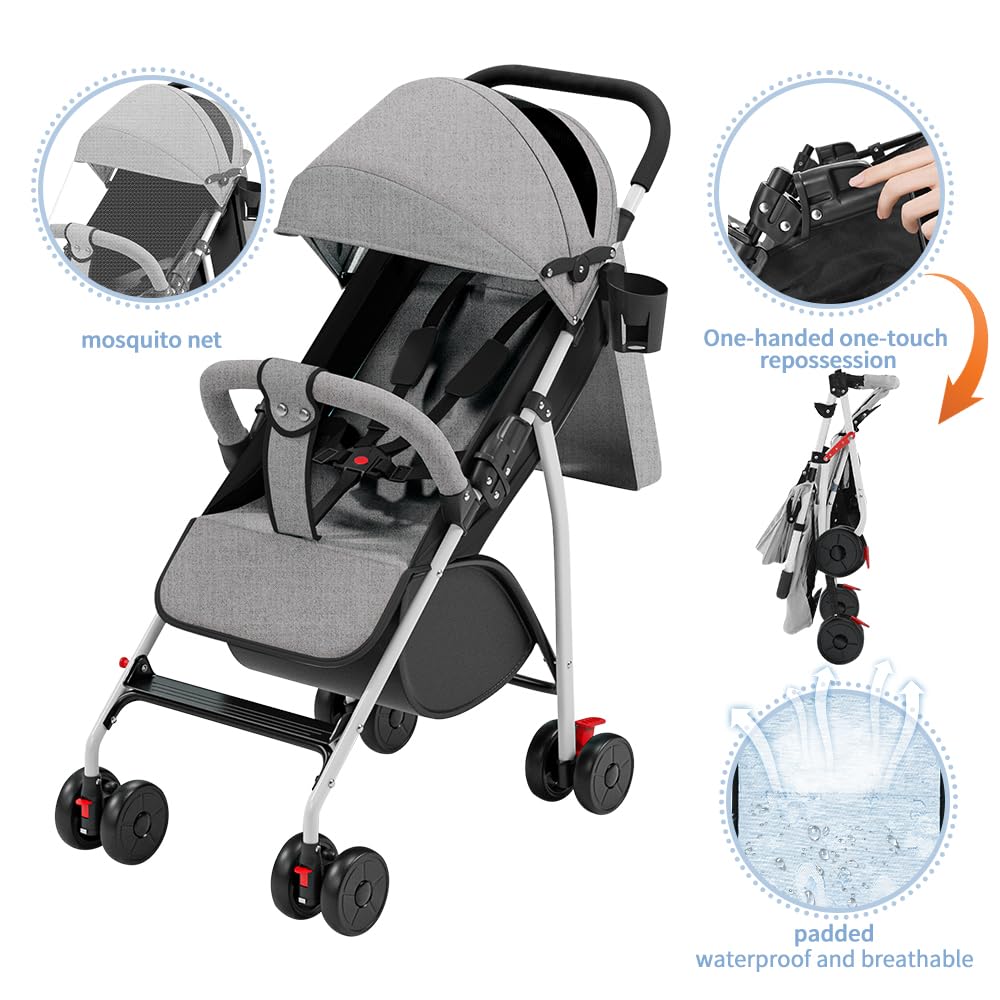 OHMG Kinderwagen mit kompaktem Gehstock, 0 – 36 kg, Reisekinderwagen mit Wattepads und Moskitonetz,