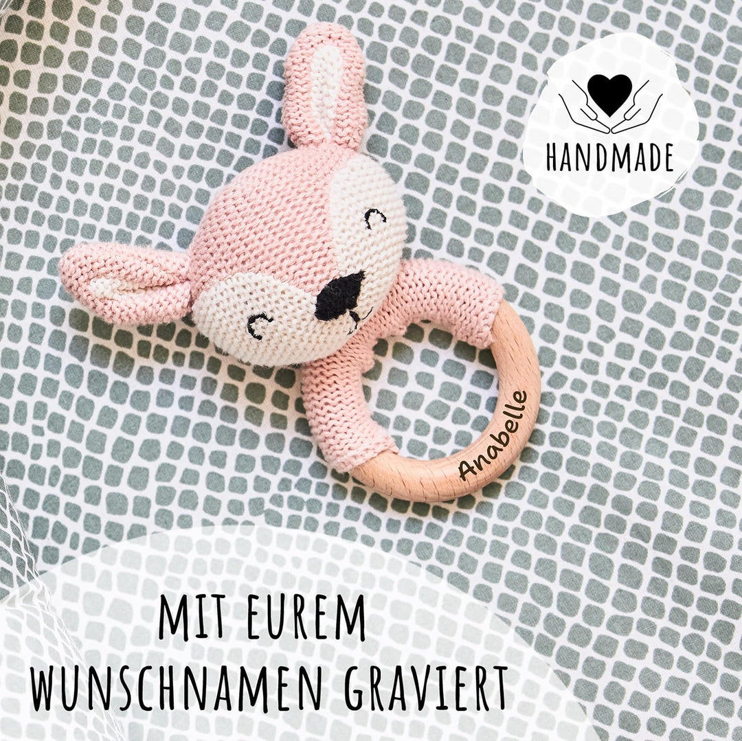 Personalisierter Beissring aus Holz für Babys - Niedlicher Greifling mit Name - Babyrassel und schön