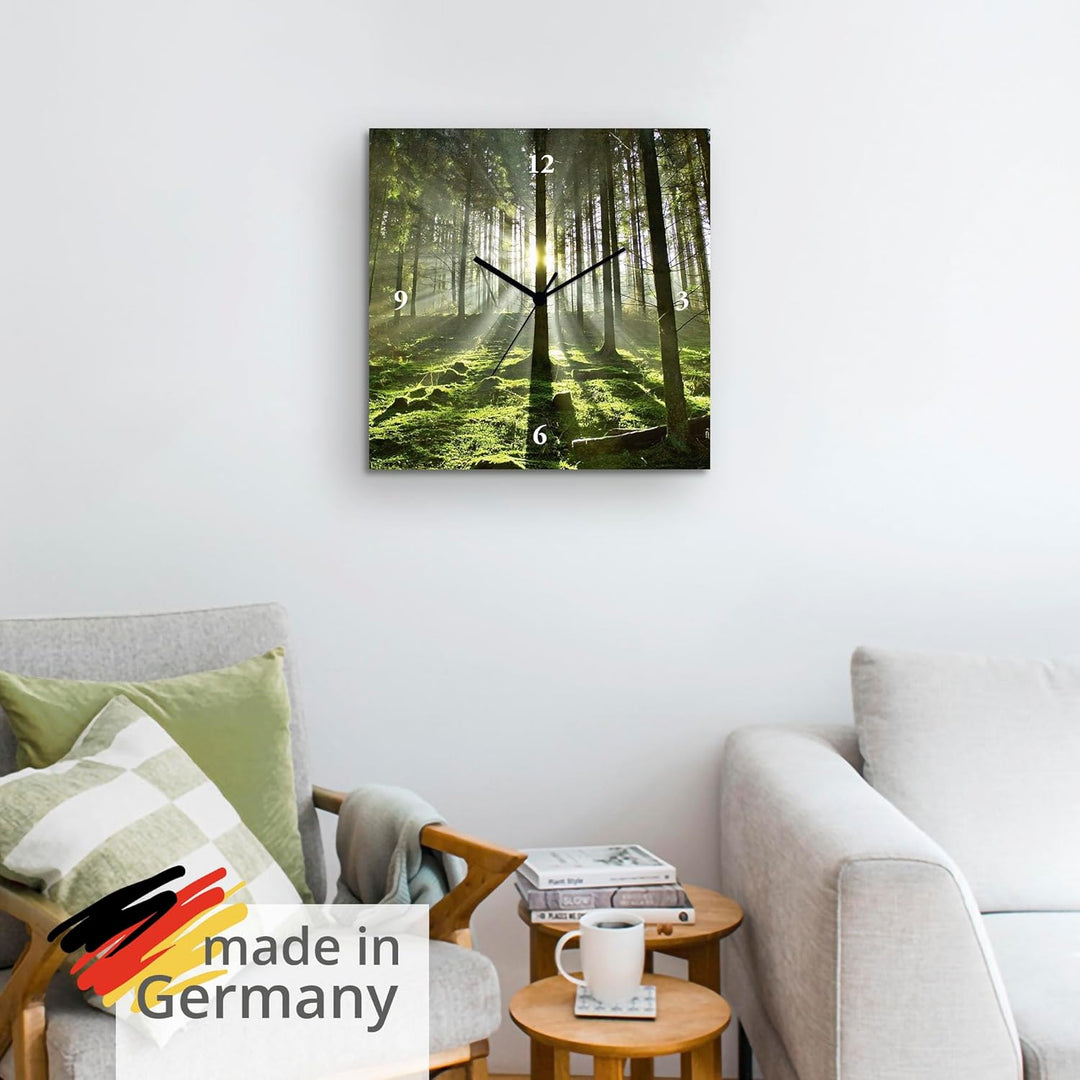 ARTLAND Wanduhr ohne Tickgeräusche Leinwand Quarzuhr 30x30 cm Quadratisch Lautlos Natur Design Wald
