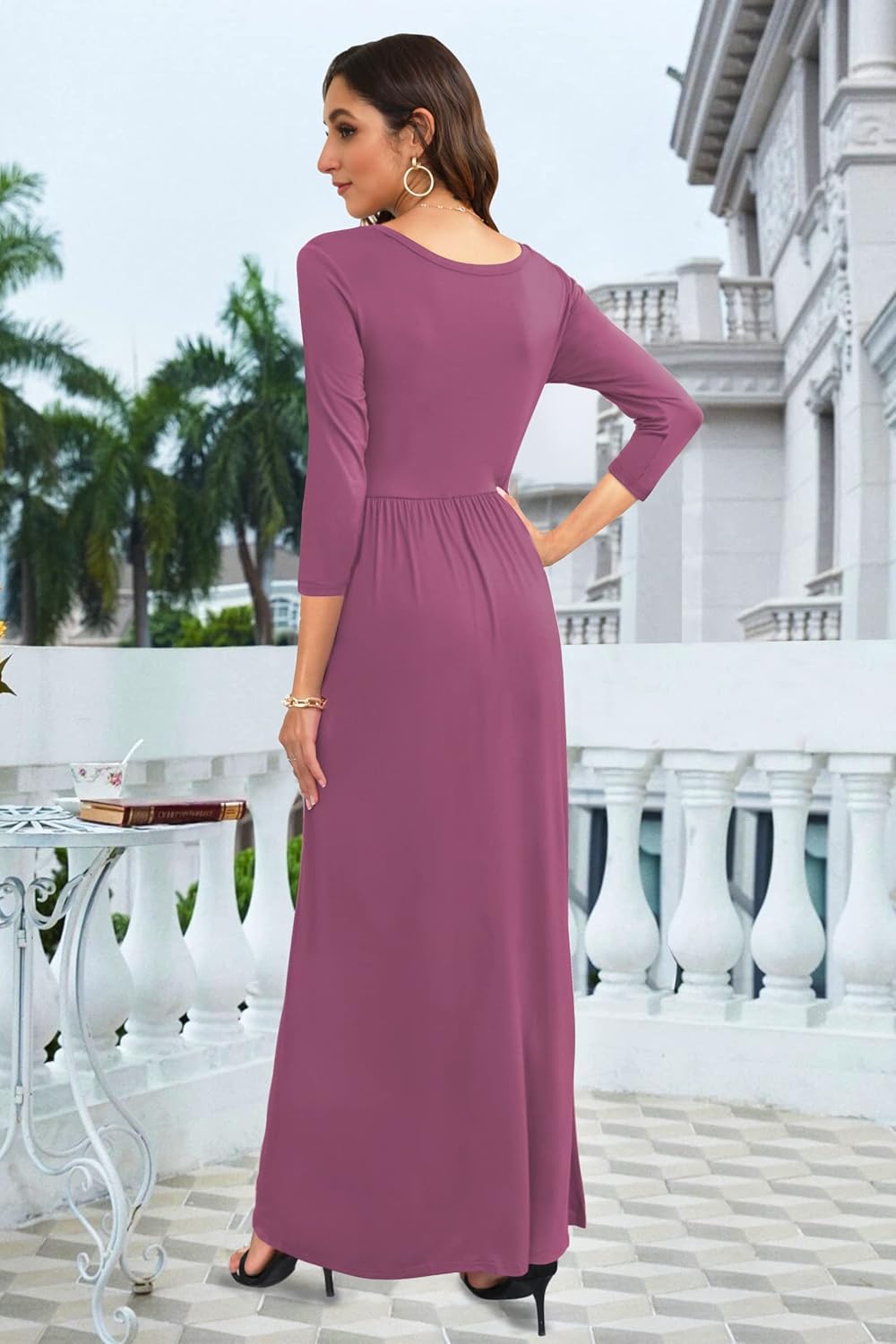 WNEEDU Damen Maxikleider 3/4 Ärmel Damenkleid Loose Lang Kleid Maxi mit Taschen Maxi-Kleider Elegant