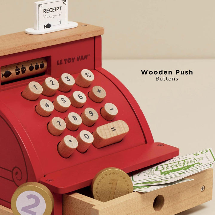 Le Toy Van – Honeybake Rollenspiel Kasse aus Holz mit Kassenbeleg, Kassenschublade und Spielgeld | I