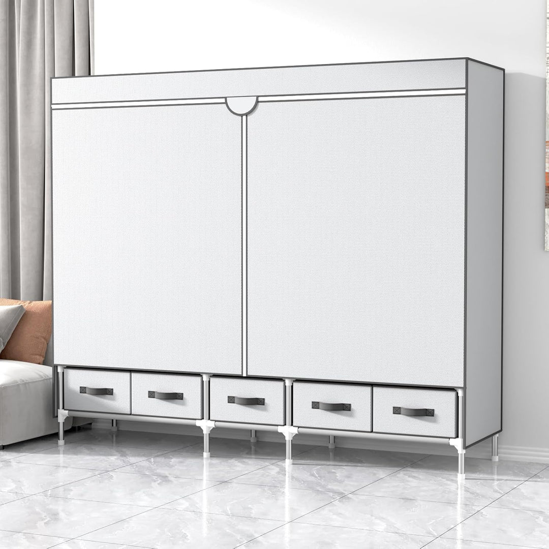 Kleiderschrank,Schlafzimmer Stoffschrank,Kleiderstander mit Schubladen,Faltbar Garderobe mit 2 Kleid