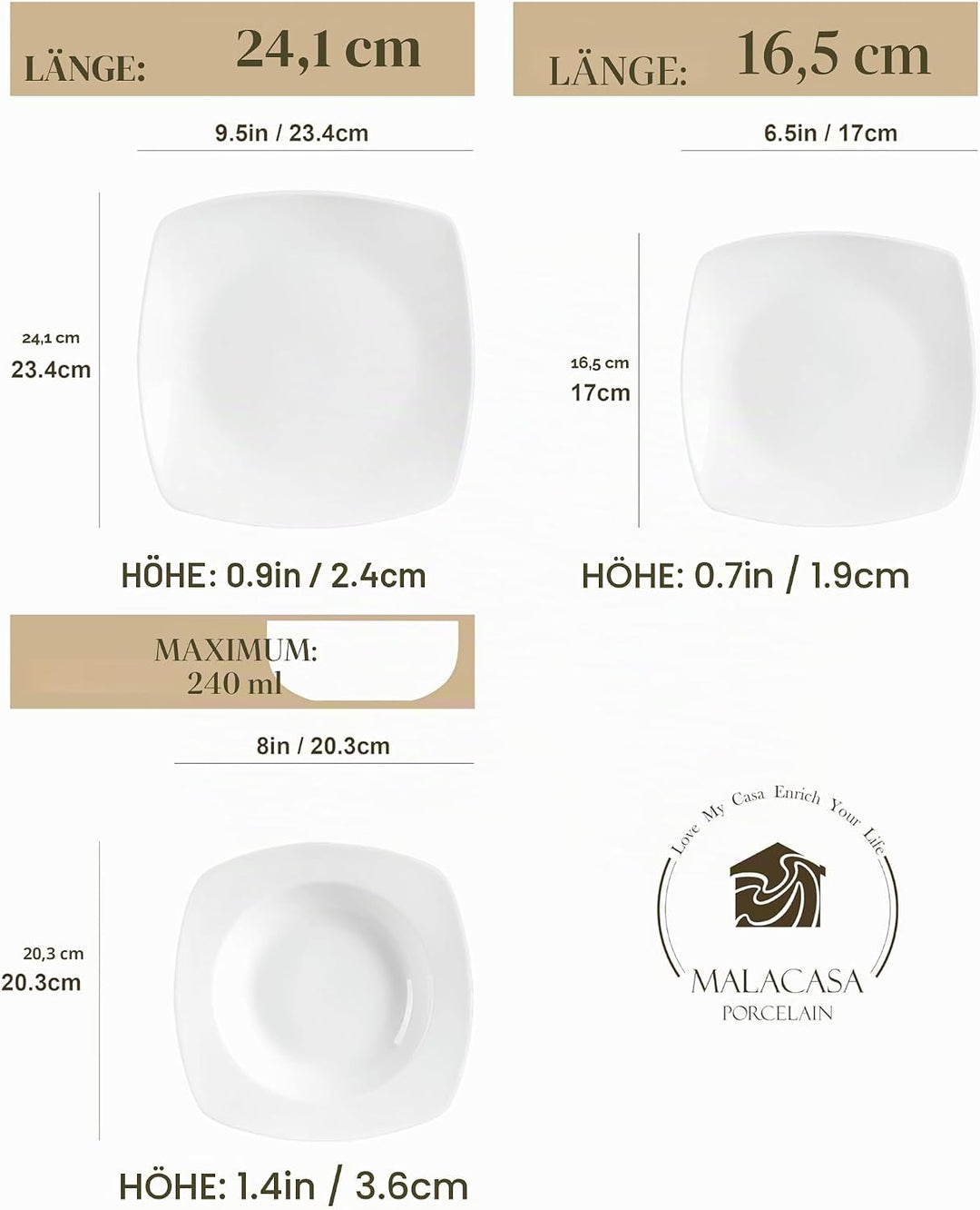 MALACASA, Serie Julia, 18 Teilig Set KLEIN Tafelservice 6 Personen Porzellan Teller Set, Geschirrset