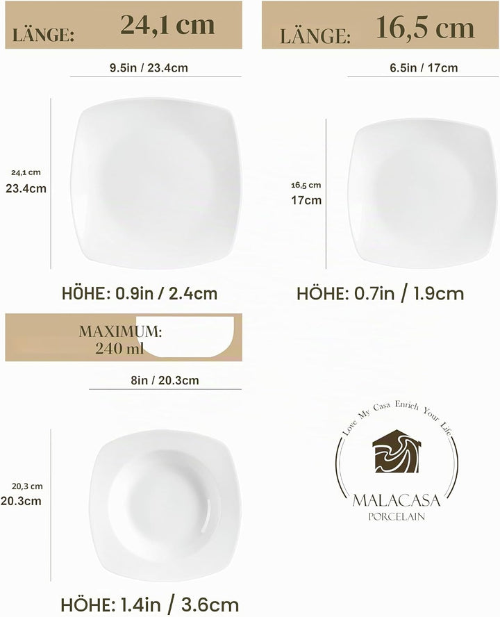 MALACASA, Serie Julia, 18 Teilig Set KLEIN Tafelservice 6 Personen Porzellan Teller Set, Geschirrset