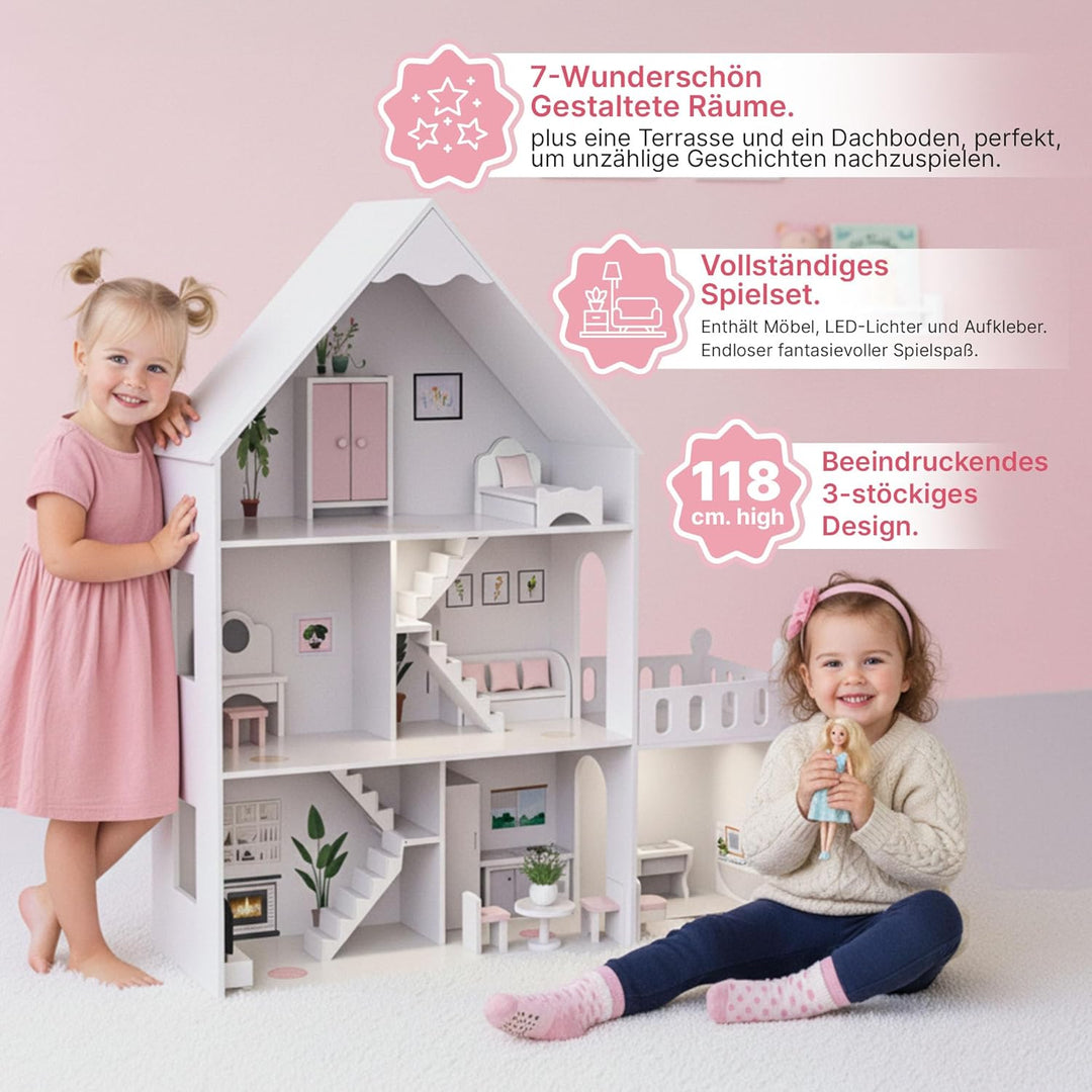 Barbie Puppenhaus Holz gross 118 cm – Kinderplay 3-stöckiges Puppenhaus für Kinder mit Möbeln, LED L