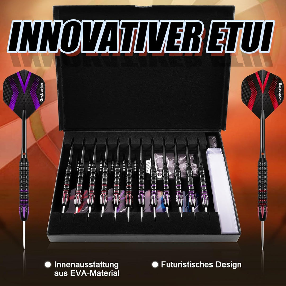 Grebarley Dartpfeile mit Metallspitze,12 Stück Profi Steeldarts 18 Aluminium Schaft mit 9 Flights 20