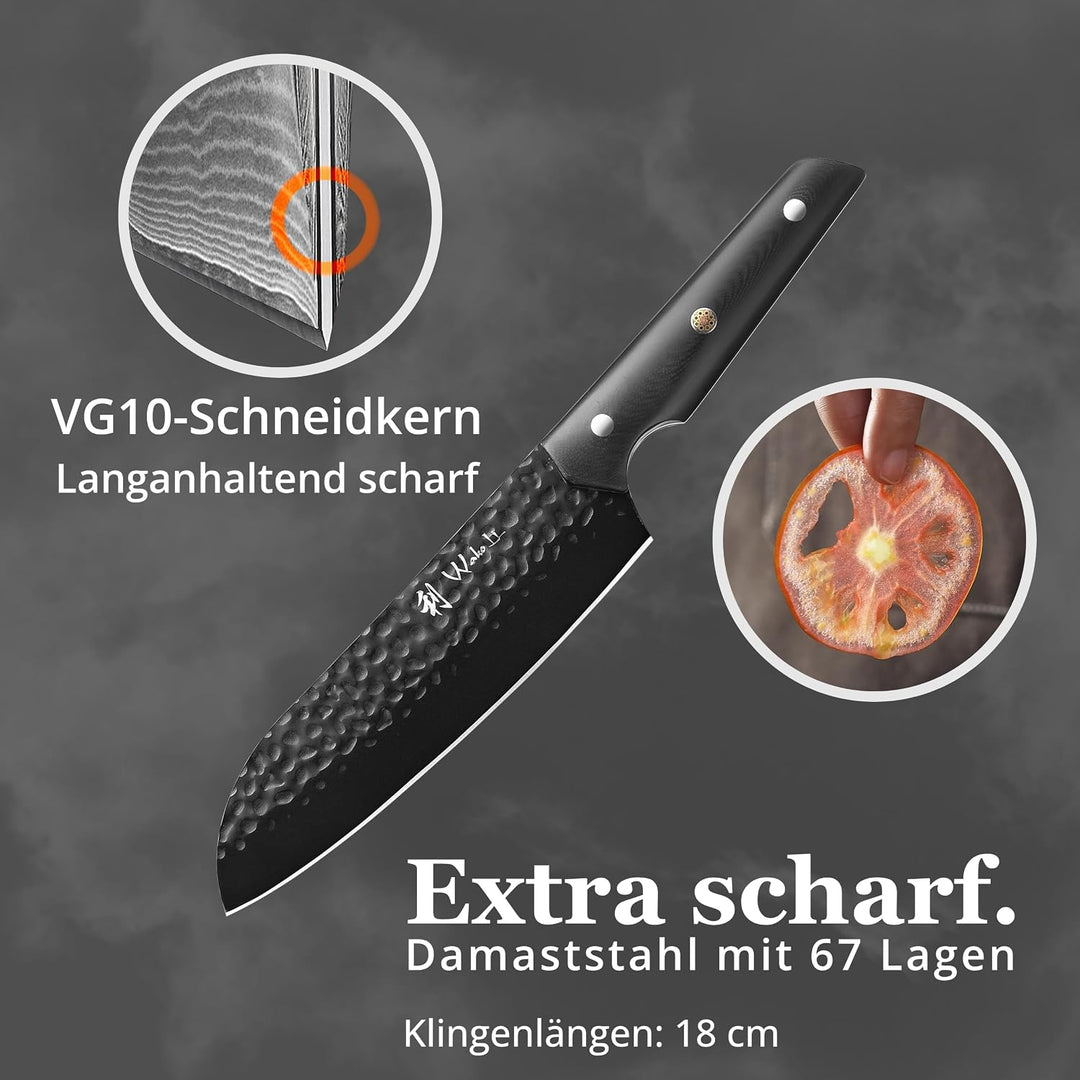 Wakoli Yugen Santokumesser 18 cm | Küchenmesser aus Edelstahl mit G10-Griff | Mattschwarze Titanbesc