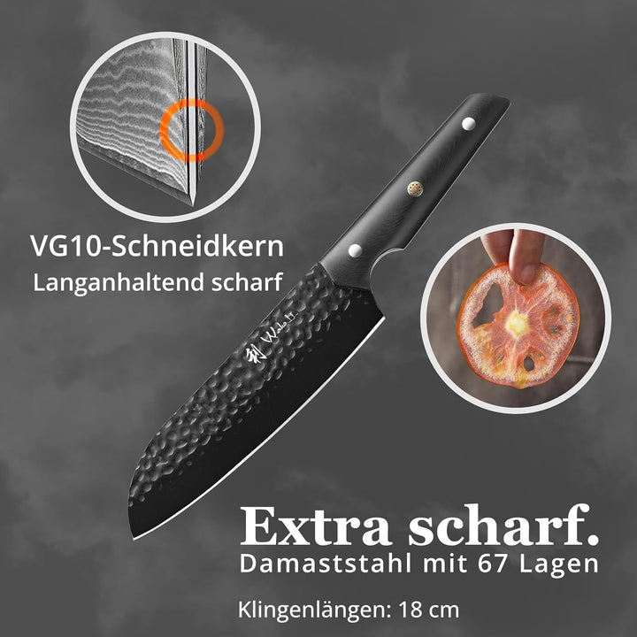 Wakoli Yugen Santokumesser 18 cm | Küchenmesser aus Edelstahl mit G10-Griff | Mattschwarze Titanbesc