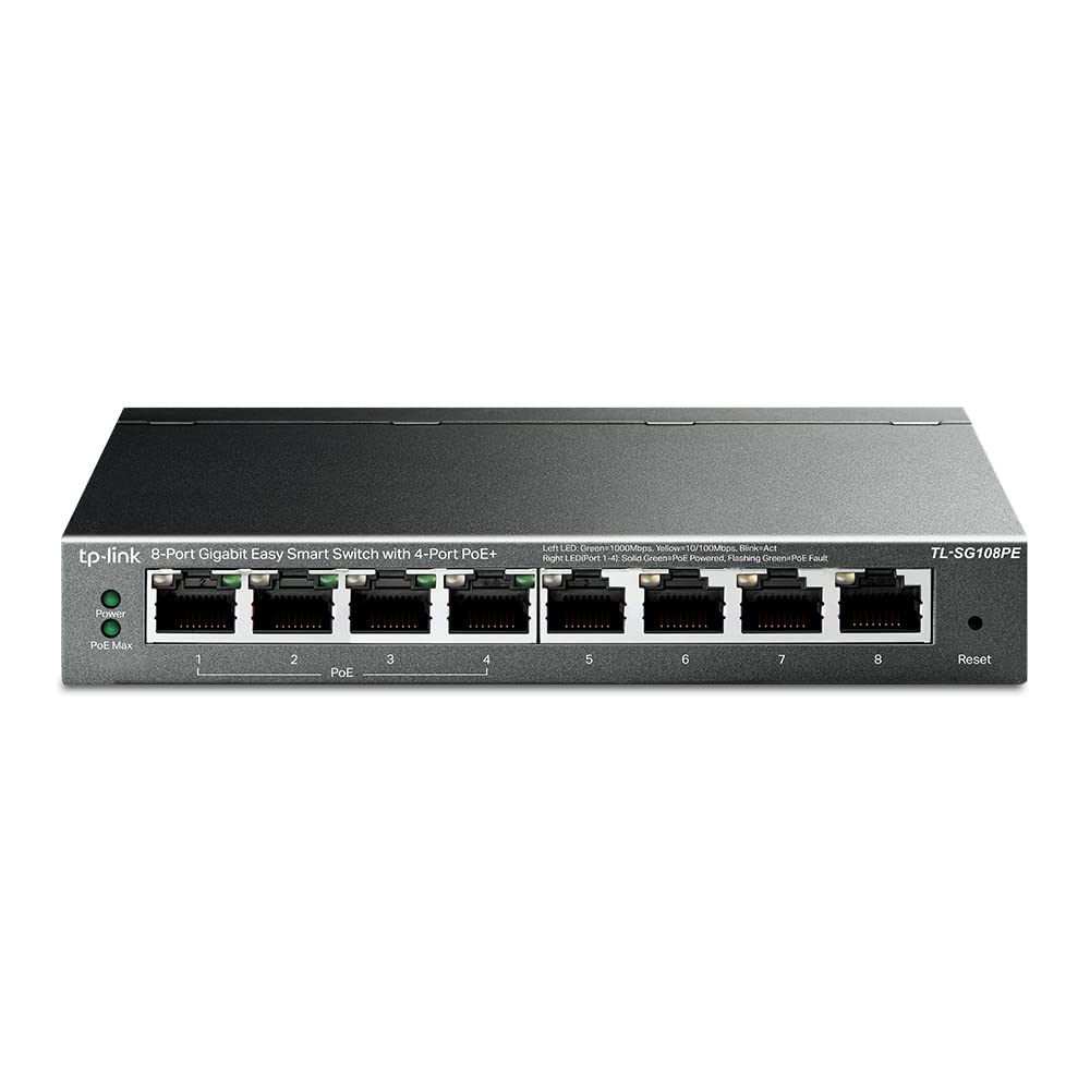 TP-Link TL-SG108PE Managed PoE Switch, 8 Port Gigabit Network Switch mit 4 PoE+ Ports (64 W, 802.3af
