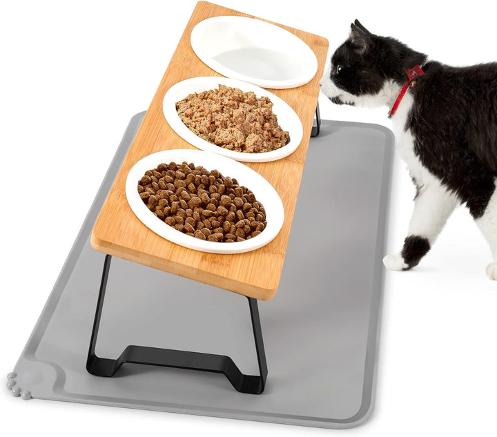 Lannvan Katzennapf Erhöht, 3er Set Futternapf Katze aus Keramik mit Napfunterlage Silikon, Ergonomis
