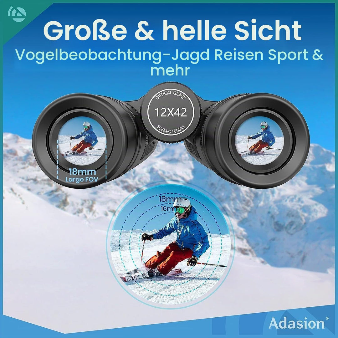 Adasion 12x42 HD Fernglas für Erwachsene mit Smartphone-Adapter und Teleskopstativ, Kompakt Fernglas