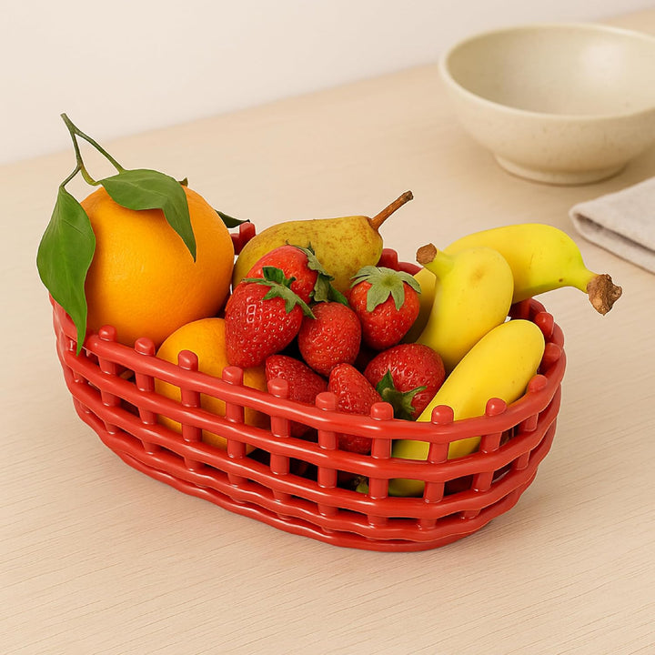 Baroni Home Mehrzweckkorb aus Keramik, geflochten, Obstkorb, Tischdeko, Taschenleerer (oval, rot) Ro