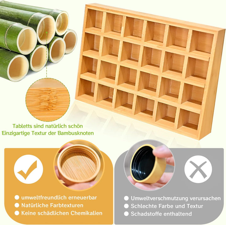 Umweltfreundliches Gewürzregale Holz mit 24 Bambusfächern | 24 120ml-Gewürzgläser Drawer Organizer |