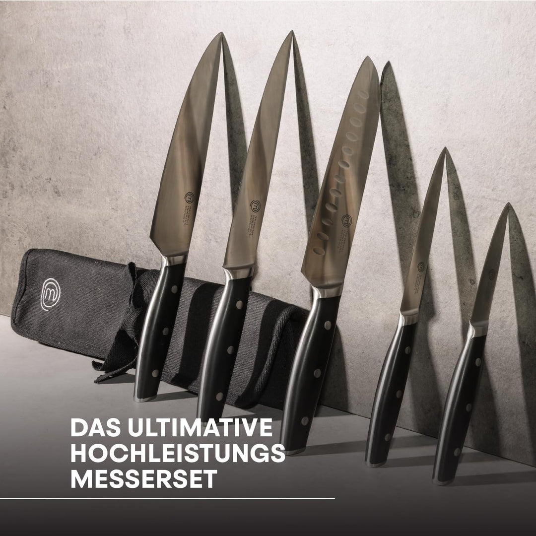 MasterChef Messer Set mit Canvas Messertasche/Rolltasche, Küchen Messerset ink. Kochmesser, Santokum