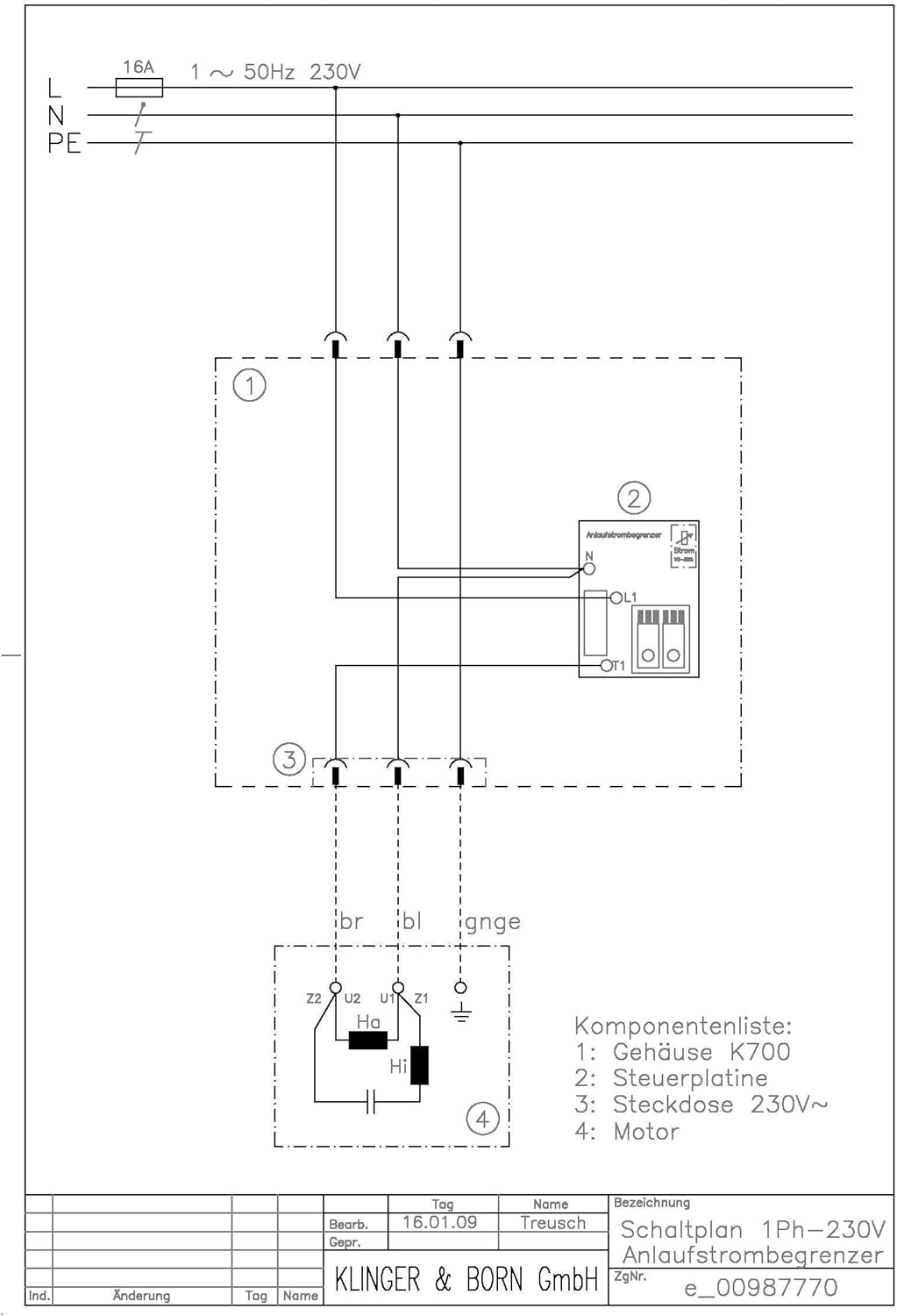 Anlaufstrombegrenzer 1Ph-230V/50Hz für 1Ph-Asynchronmotor m. Betriebskondensator