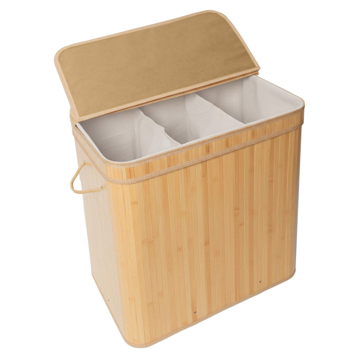 Relaxdays Wäschekorb mit Deckel, Bambus, 150 l, 3 Fächer, HxBxT: 61,5 x 61 x 41,5 cm, Badezimmer Wäs