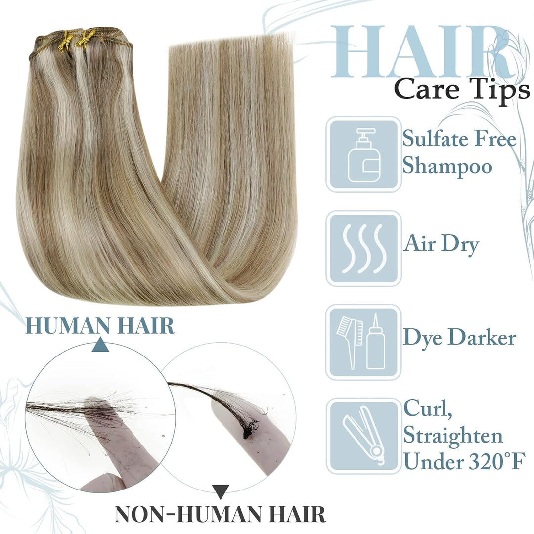 RUNATURE Clip in Echthaar Extensions Aschbraun mit Platinblond Extensions Clip in Glatt Harr Gerade