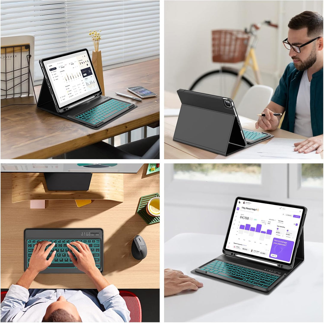 Hülle mit Tastatur für iPad Pro 12.9 (6/5/4/3 Gen), 7 Farben Beleuchtung, Deutsches QWERTZ, Magnetis