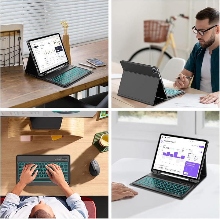 Hülle mit Tastatur für iPad Pro 12.9 (6/5/4/3 Gen), 7 Farben Beleuchtung, Deutsches QWERTZ, Magnetis