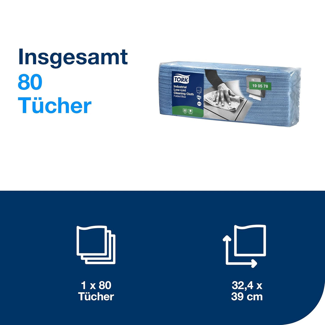 Tork Fusselarme Industrie Reinigungstücher Blau W4, Saugfähig, 1 Packungen, 190578, 1 x 80 (80)