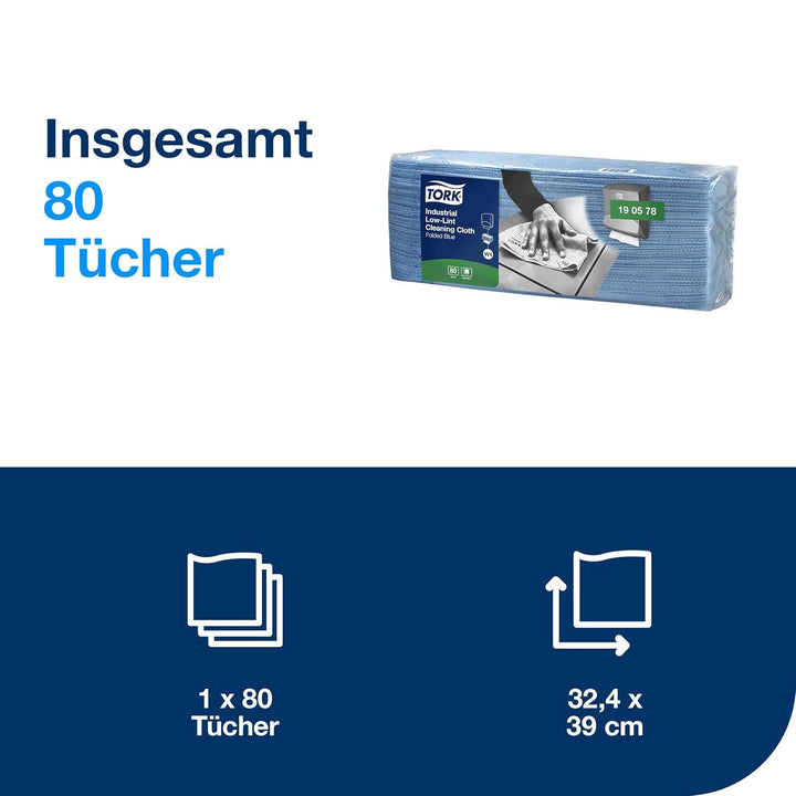 Tork Fusselarme Industrie Reinigungstücher Blau W4, Saugfähig, 1 Packungen, 190578, 1 x 80 (80)