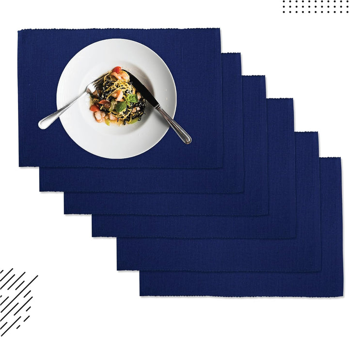 Encasa XO Platzsets Esstisch Set von 6 | Solide blau | Fein gerippte Baumwoll-Tischunterlage | Gröss