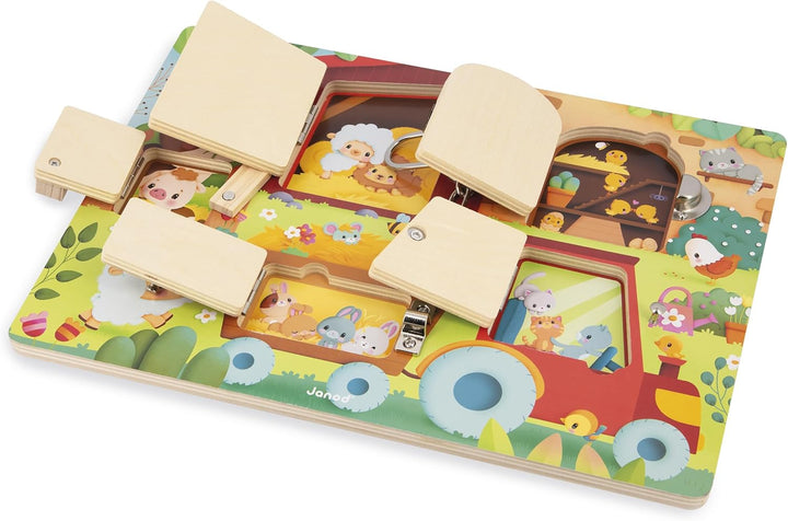 Janod – Bauernhof-Tafel mit Vorhängeschloss – Busy Board-Aktivitätsbrett – 5 Arten von Öffnungen – F
