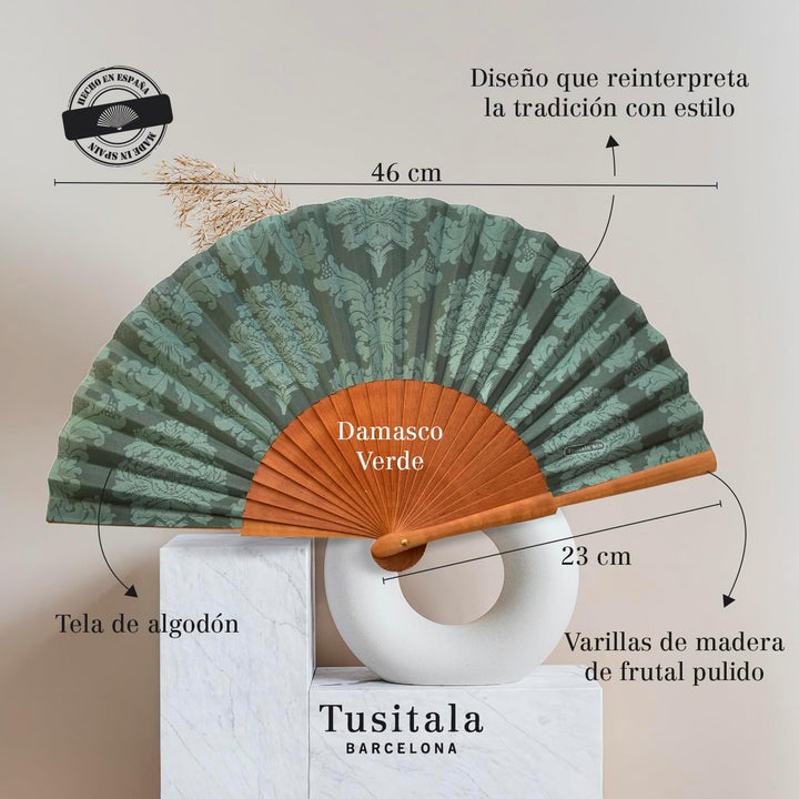 Handfächer Blauer Damast - Aus Holz und Baumwolle - 100% spanisches Handwerk - Inklusive natürlicher
